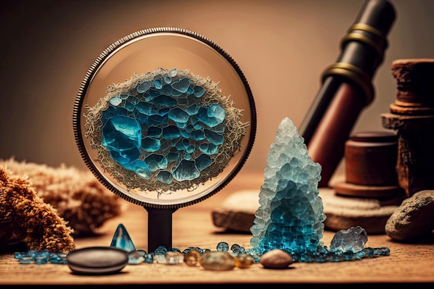 Chaîne de quartz bleu debout sur une table marron clair à côté d'une loupe et de cristaux de minéraux