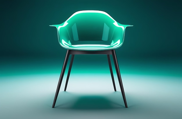 Une chaise en acrylique transparente de couleur verte sur un fond foncé de conception moderne