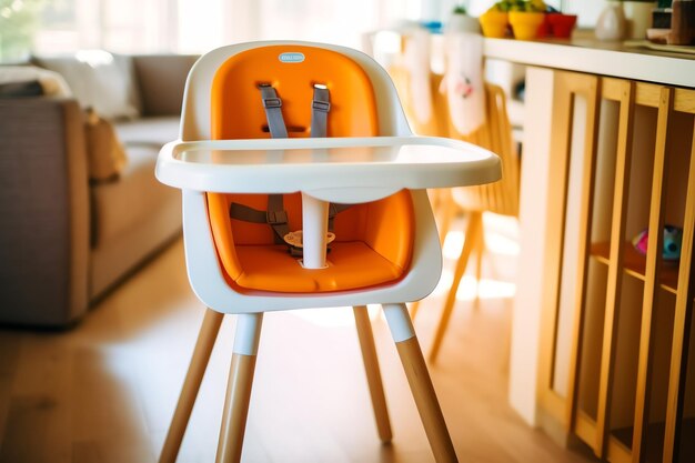 Photo chaise d'alimentation pour bébé conventionnelle dans la table à manger à la maison ou dans la cuisine, meubles de chaise haute pour enfant