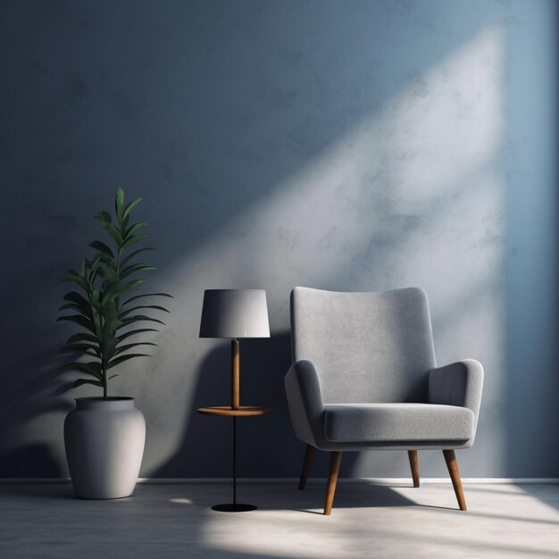 Une chaise Arafed et une lampe dans une pièce avec un mur bleu génératif ai