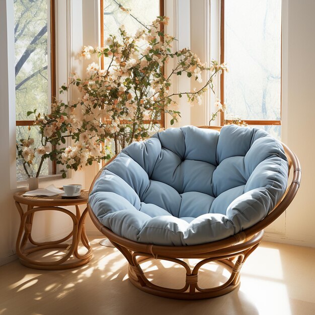 chaise arafée avec un coussin bleu dans une pièce avec un vase de fleurs ai générative