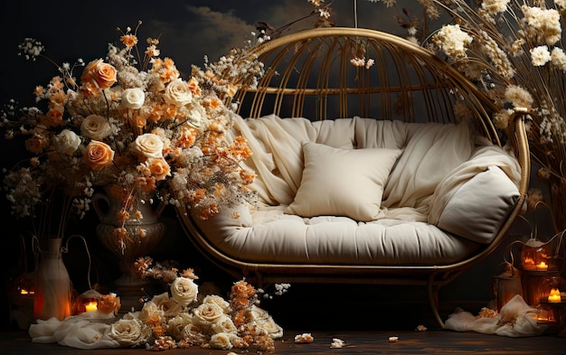 une chaise avec un arrangement de fleurs sur le dos et un oreiller blanc sur le côté droit.