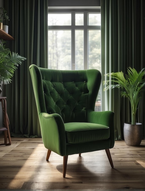 chaise arrière verte près de la fenêtre conception intérieure classique de la maison du salon