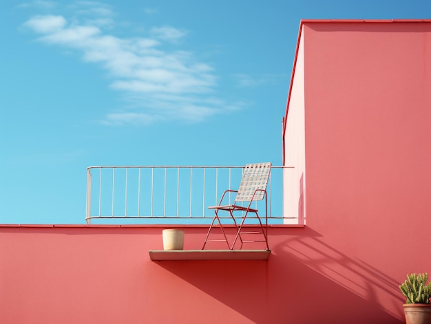 une chaise assise sur le balcon d'un bâtiment rose