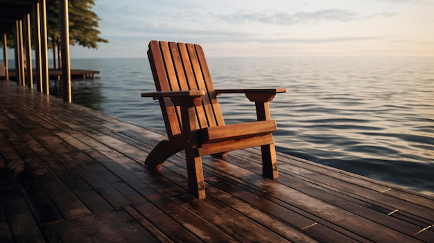 Une chaise assise sur un pont en bois à côté d'un plancher d'eau