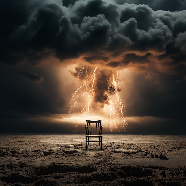 Une chaise au milieu d'une tempête d'éclairs dans l'air