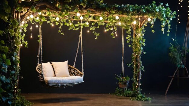 Une chaise à balançoire blanche sous une canopée couverte de verdure