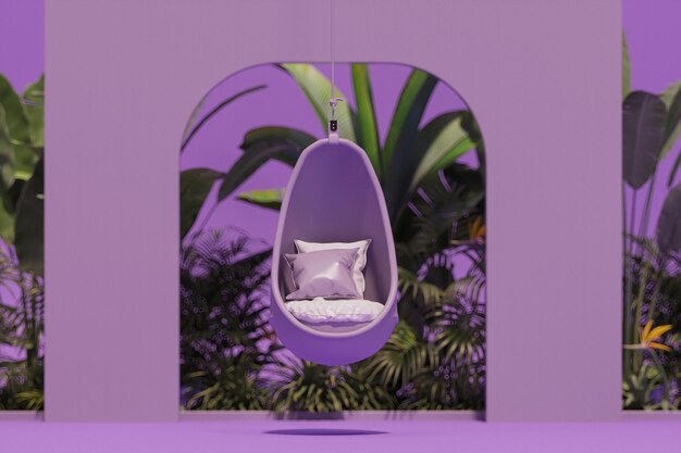 Chaise balançoire avec jardin tropical sur fond violet Studio avec arches arbres tropicaux classiques