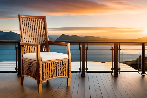 Une chaise sur un balcon avec un coucher de soleil en arrière-plan.