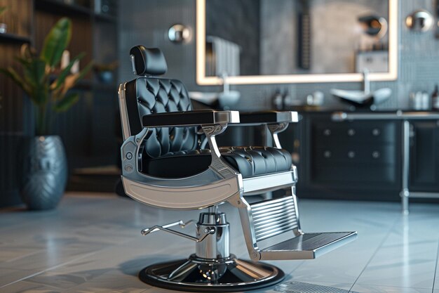 Une chaise de barbier élégante dans un salon moderne avec du chrome