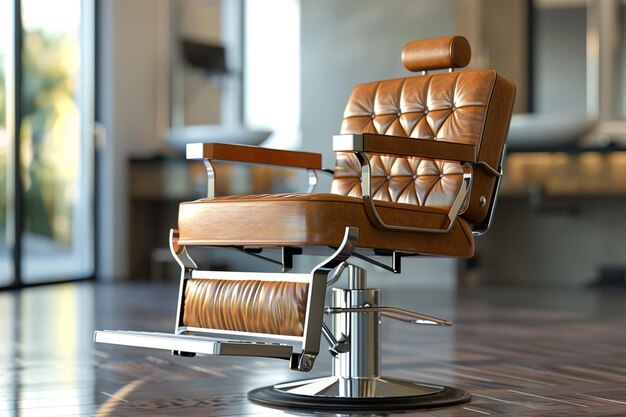 Une chaise de barbier rétro avec un rembourrage en cuir vintage