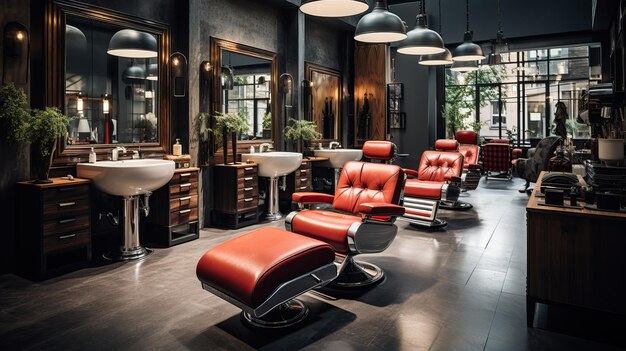 Photo chaise de barbier rouge élégante dans le salon de coiffure