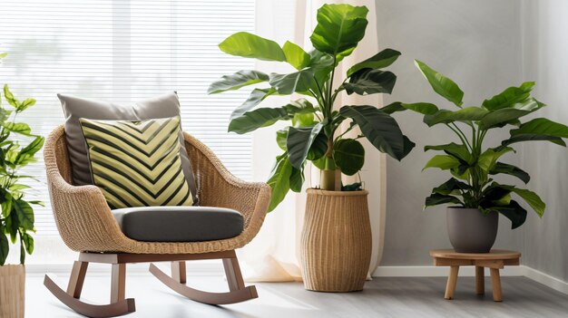 une chaise à bascule avec un coussin et une plante en pot