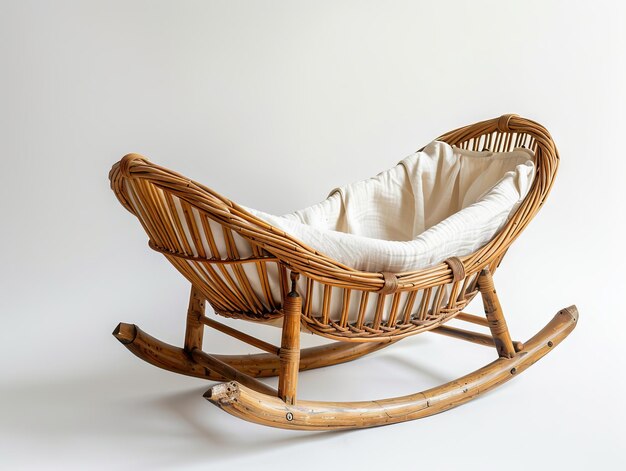 Une chaise à bascule en osier avec un coussin blanc