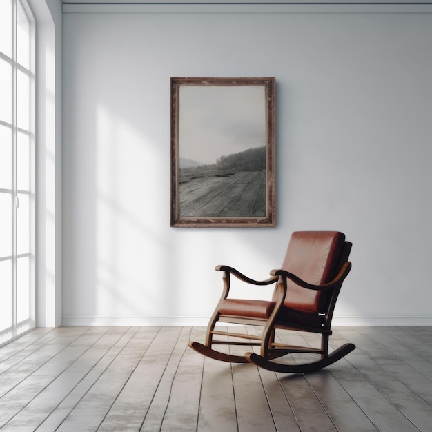 Une chaise à bascule, un portrait, un cadre sur un mur blanc.