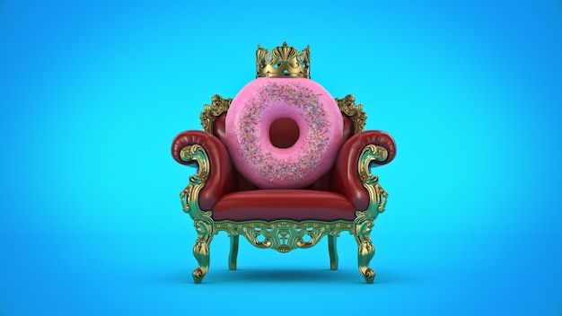 Une chaise avec un beignet rose dessus et une couronne dessus