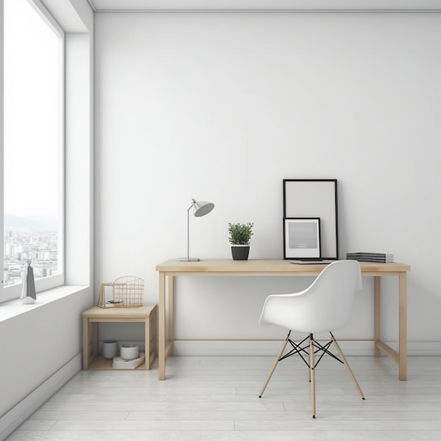 Une chaise blanche dans une pièce blanche avec une image d'une plante sur le mur.
