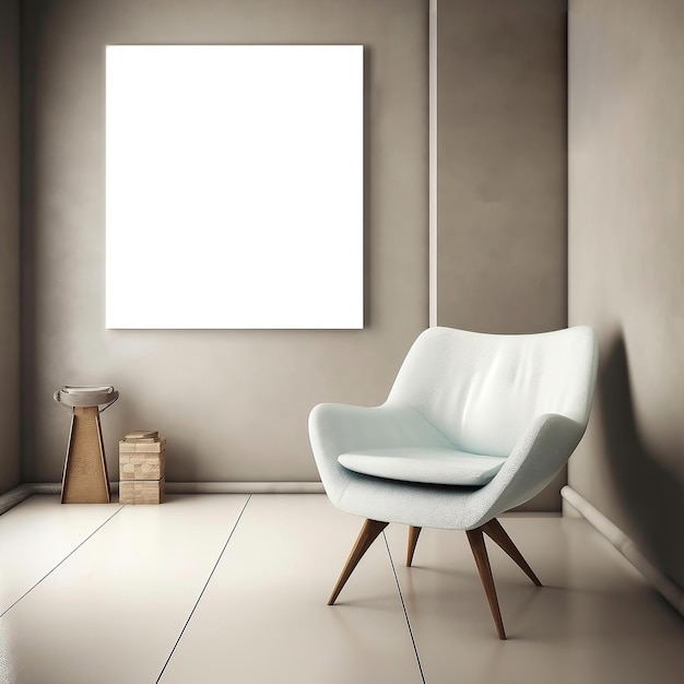 Une chaise blanche dans une pièce avec un grand panneau blanc sur le mur.