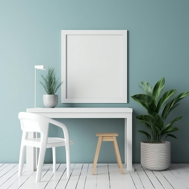 Une chaise blanche est assise à un bureau devant une photo encadrée de blanc.