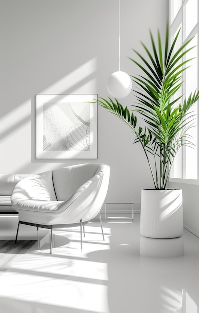 Photo une chaise blanche est dans une pièce avec une grande plante en pot