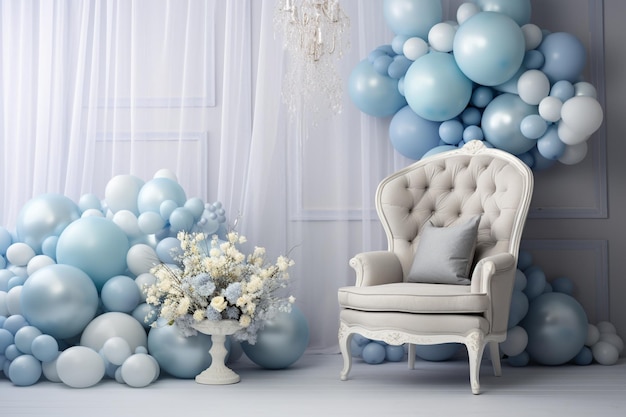 la chaise blanche est remplie de ballons et de fleurs dans le style art déco azur et gris clair