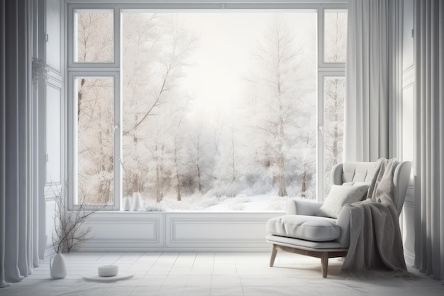 Chaise blanche minimaliste placée devant une grande fenêtre avec lumière naturelle qui brille à travers l'IA générative