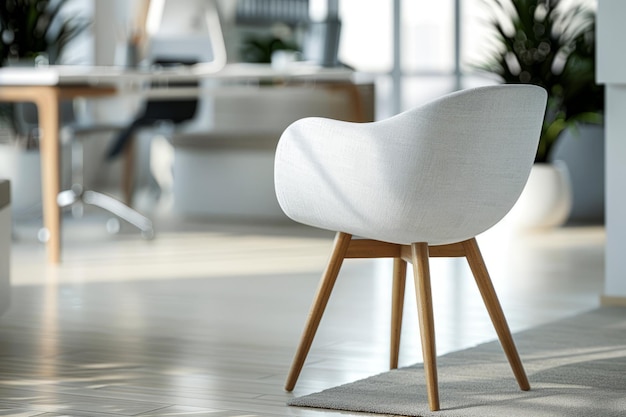 Une chaise blanche moderne avec des jambes en bois près d'une fenêtre ensoleillée et des plantes d'intérieur