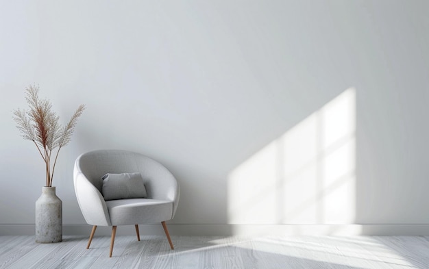 une chaise blanche avec un oreiller sur elle est assise dans une pièce avec une lumière brillant sur le mur