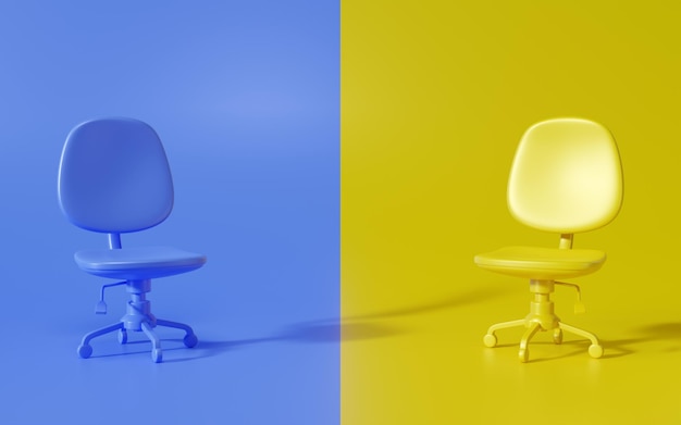 chaise bleu et jaune couleurs contrastées arrière-plan rendu 3d