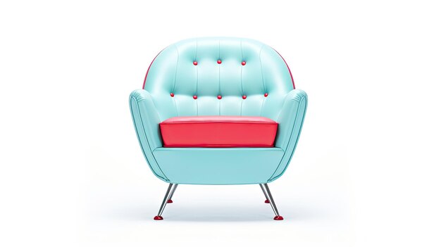 une chaise bleue avec des accents rouges et blancs et un coussin rouge.