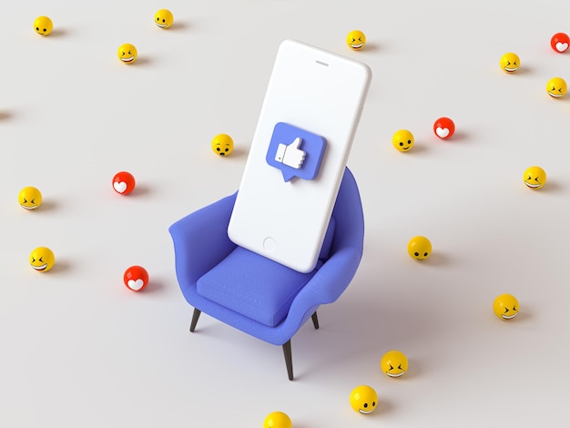 Chaise bleue et comme la goupille sur une illustration de rendu 3d de téléphone blanc