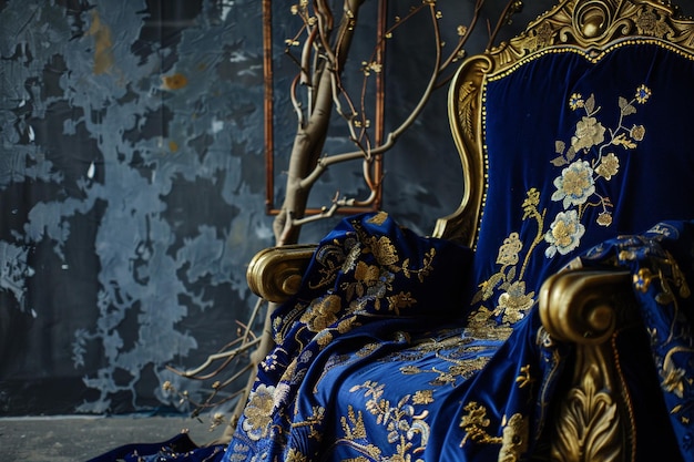 Photo une chaise bleue et dorée avec une tête de lit bleue et or