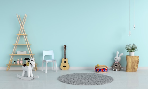 Chaise bleue et guitare dans la chambre d&#39;enfant pour maquette, rendu 3D