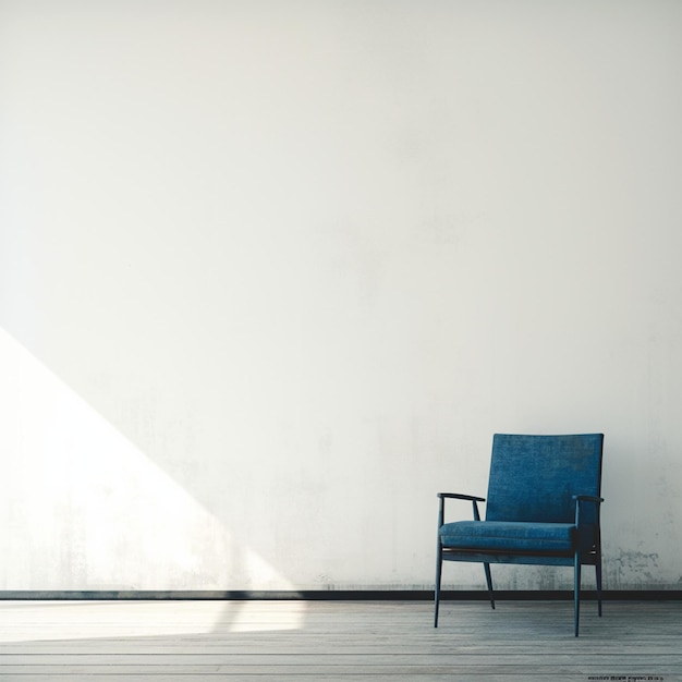 Une chaise bleue minimaliste contre un mur blanc crée une ambiance sereine pour les médias sociaux