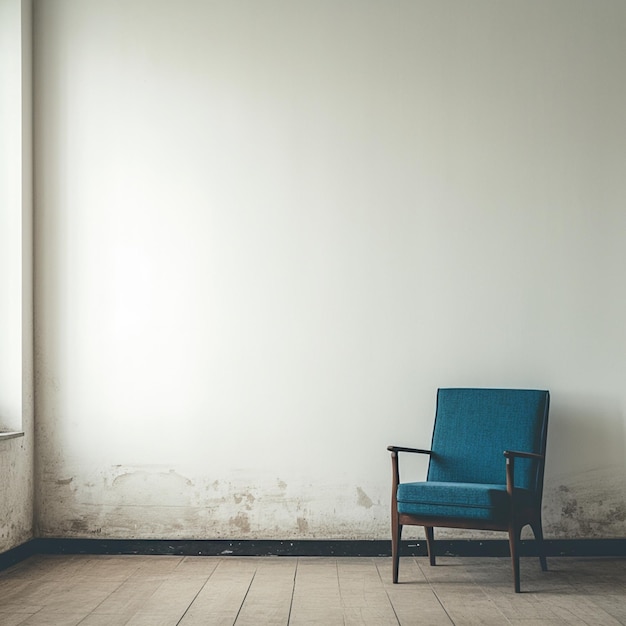 Une chaise bleue simple à l'intérieur dans une pièce vide contre le mur pour les médias sociaux