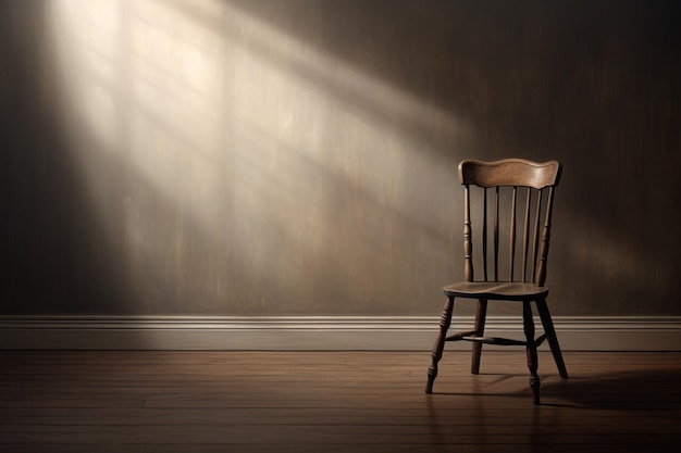 Chaise en bois arafée dans une pièce avec un mur et un plancher en bois ai génératif