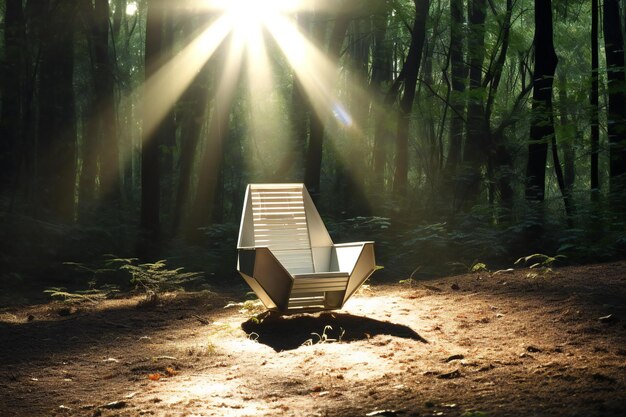 Une chaise en bois au milieu de la forêt avec des rayons de lumière