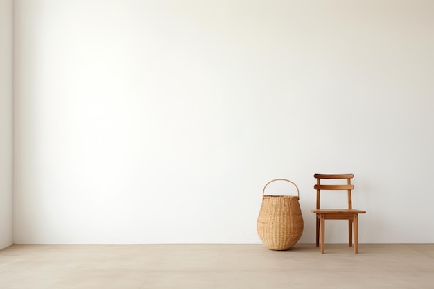 Une chaise en bois à côté d'un panier dans une pièce blanche