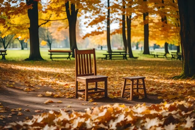 Une chaise en bois dans un parc avec des feuilles d'automne au sol