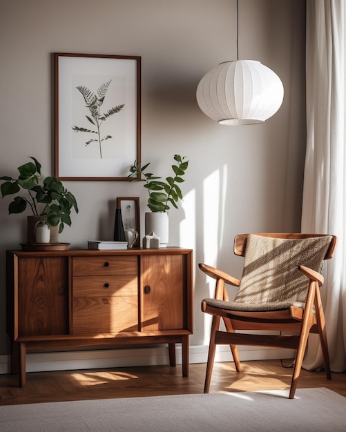 Une chaise en bois dans un salon avec une photo d'un oiseau sur le mur.