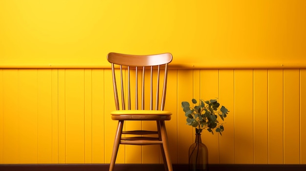Une chaise en bois sur fond jaune
