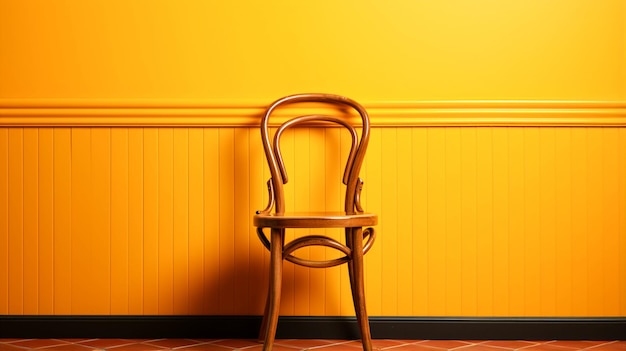 Une chaise en bois sur fond jaune