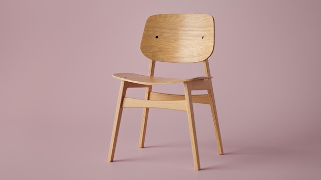 Chaise en bois moderne pour café sur fond pastel rose en rendu 3D studio