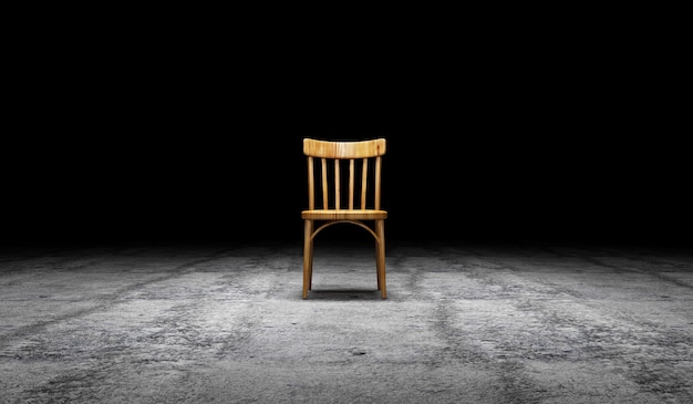 Chaise en bois vide sur sol en béton avec effet de lumière