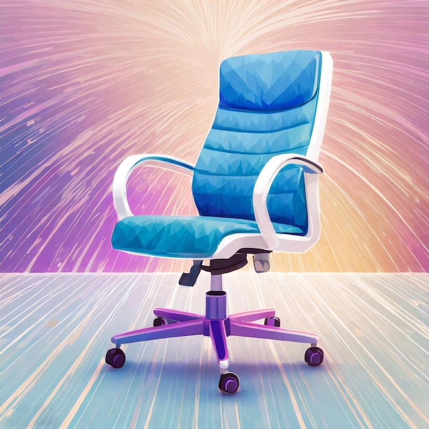 une chaise de bureau bleue avec un fond pourpre et un fond violet et jaune