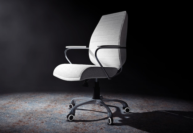 Chaise de bureau Boss en cuir blanc à la lumière volumétrique sur fond noir. Rendu 3D.