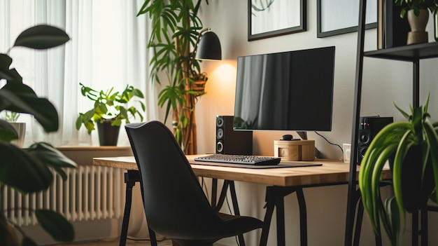 Chaise de bureau confortable près de la table avec ordinateur moderne Generative Ai