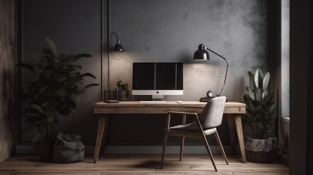 Chaise de bureau confortable près de table avec ordinateur moderne Generative AI