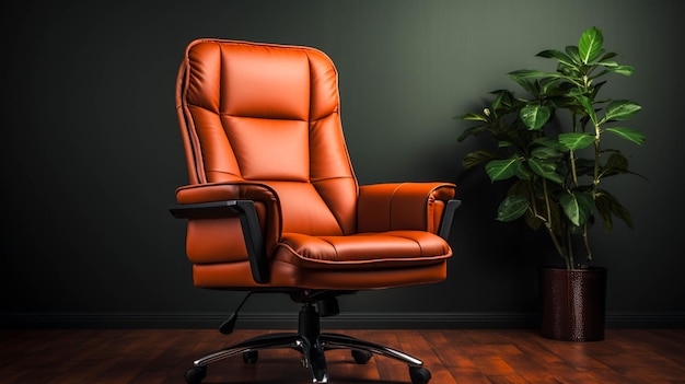 Chaise de bureau en cuir marron sur fond de couleur marron