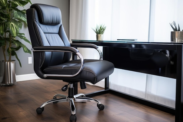 Chaise de bureau en cuir noir devant un élégant bureau en verre